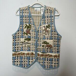 Vintage Linen Cotton Blend Open Woven Vest Safari Animals Size Medium India